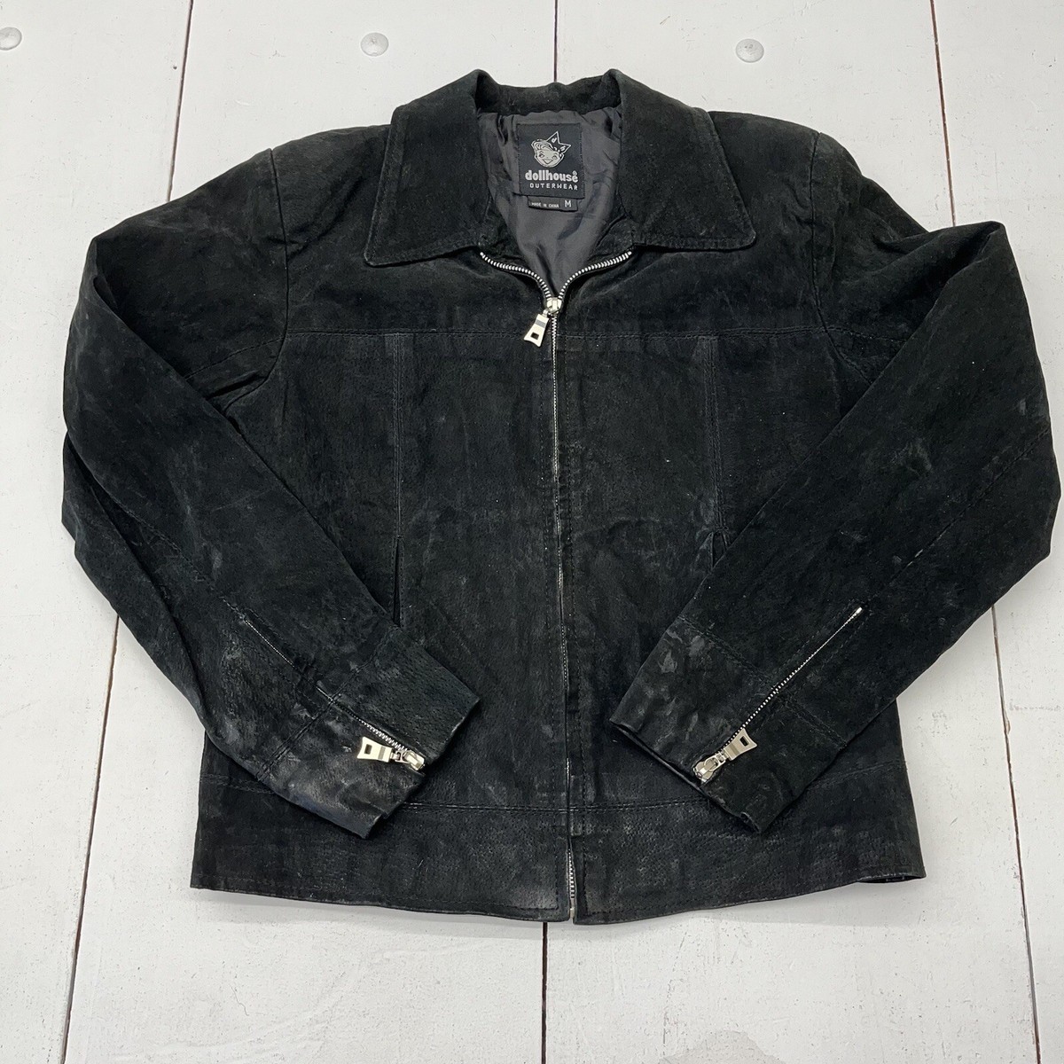 Dollhouse Outerwear Black Suede Leather Collared Full-Zip Jacket