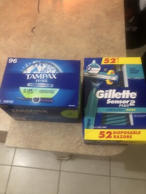 Tampax Pearl Super 96 Count and 52 pack Gillette Sensor 2 Disposable Blades