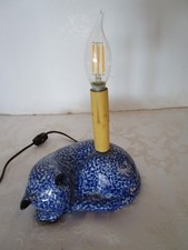 Vintage Blue  White Spongeware Ceramic Cat Table Lamp by Enesco 1980  s