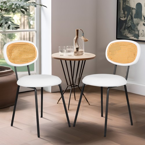 2x Dining Room Chairs with Upholstered Rattan Backrest Kitchen Living Room White