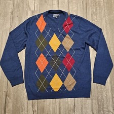Club Room Men s Argyle Print Merino Wool Blend V-neck Sweater Preppy Size Large