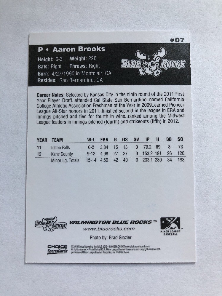 2013 Wilmington Blue Rocks Aaron Brooks RC Auto Signed Autograph Royals