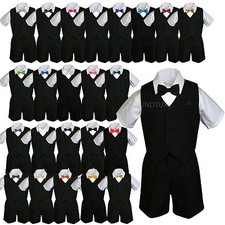 6pc Black Boys Toddler Formal Vest Shorts Suits Satin Color Bow Tie Hat Set S-4T