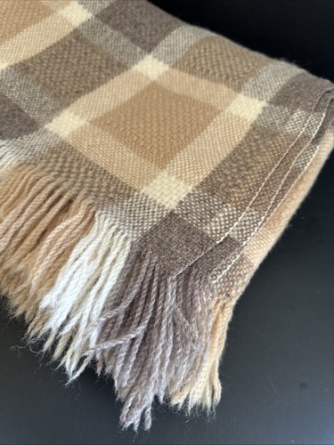 Vtg Pendleton Pure Virgin Wool Fringe Throw Blanket 66x52 Gray Beige Plaid USA - Picture 8 of 24