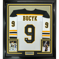FRAMED Autographed/Signed JOHNNY JOHN BUCYK 33x42 Boston White Jersey JSA COA
