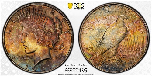1922 PCGS MS65 Toned Peace Dollar. Great Eye Appeal. Rainbow Toning!