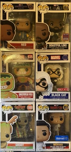Funko Pop! Marvel Lot of 6 Ned, Loki, Gingerbread Hulk, Black Cat, Groot, Wenwu