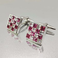 14K Weiß Gold Über Pink Saphir & Diamant Modisch Schachbrett Manschetten Herren