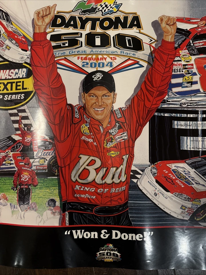 Póster firmado Daytona 500 Sam Bass 2004 Dale Jr Budweiser NASCAR #8 Foto 3 de 3