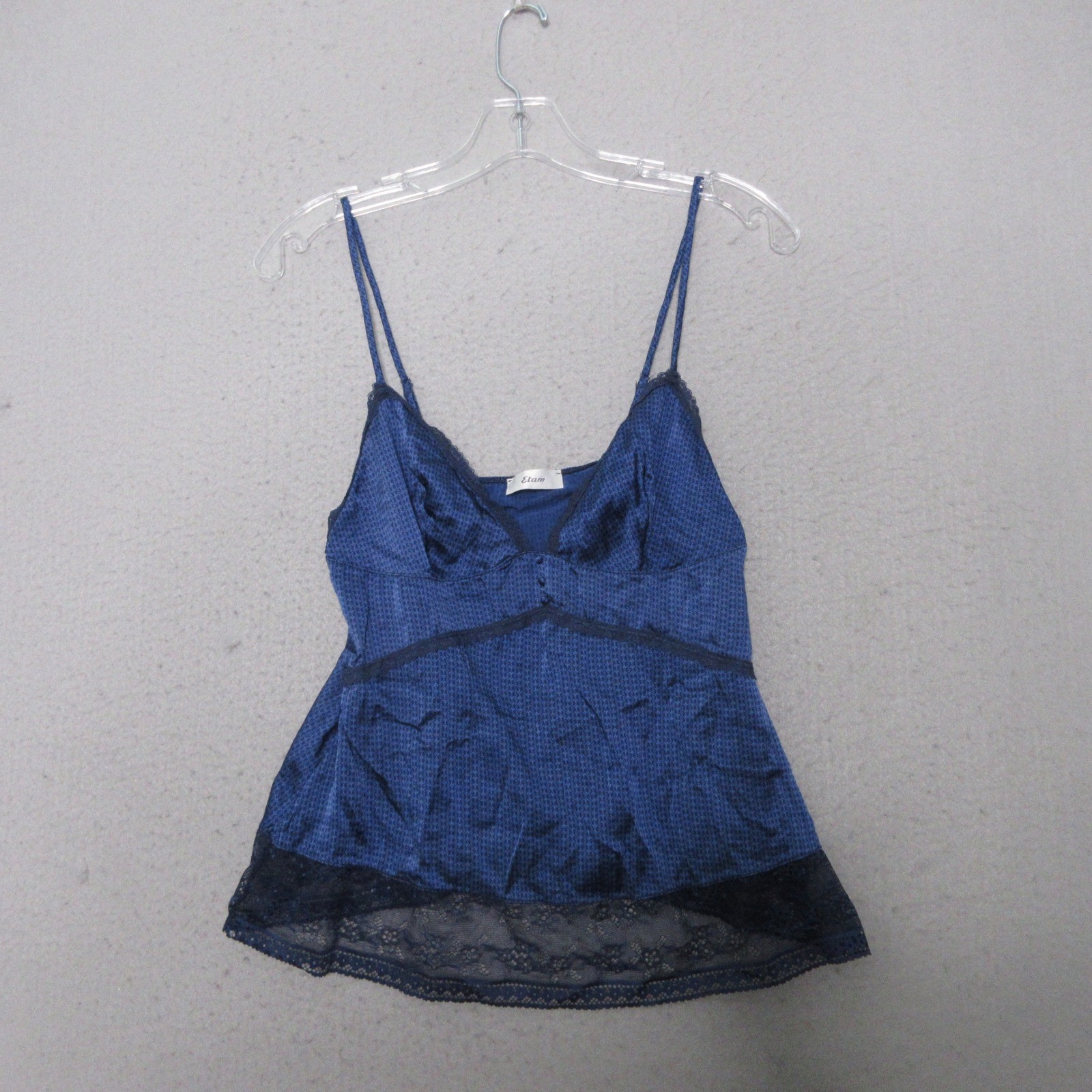 Top Etam Cami Vintage Azul Seda Encaje Borde Cuello en V Ajustable Y2K Hada Coqueta