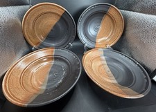 4 Three Color Pottery 7 3/4" Coupe Soup Bowls Black Brown Orange
