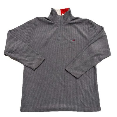 VINTAGE Tommy Hilfiger Sweatshirt Mens XL Gray Quarter Zip Flag Logo 90s Ribbed