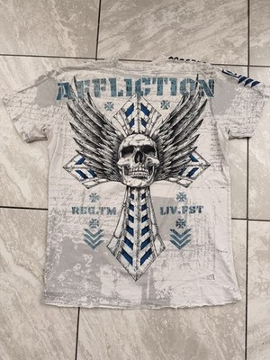 Vintage Y2K Affliction T-shirt Cross All Over Print Goth Men Large Black & White