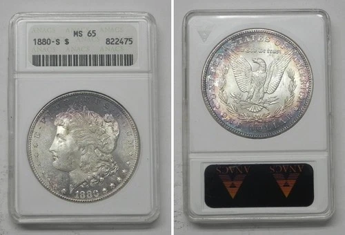 1880-S Morgan Dollar, Semi P/L, Old Small ANACS MS65 Wild Toning  #2475