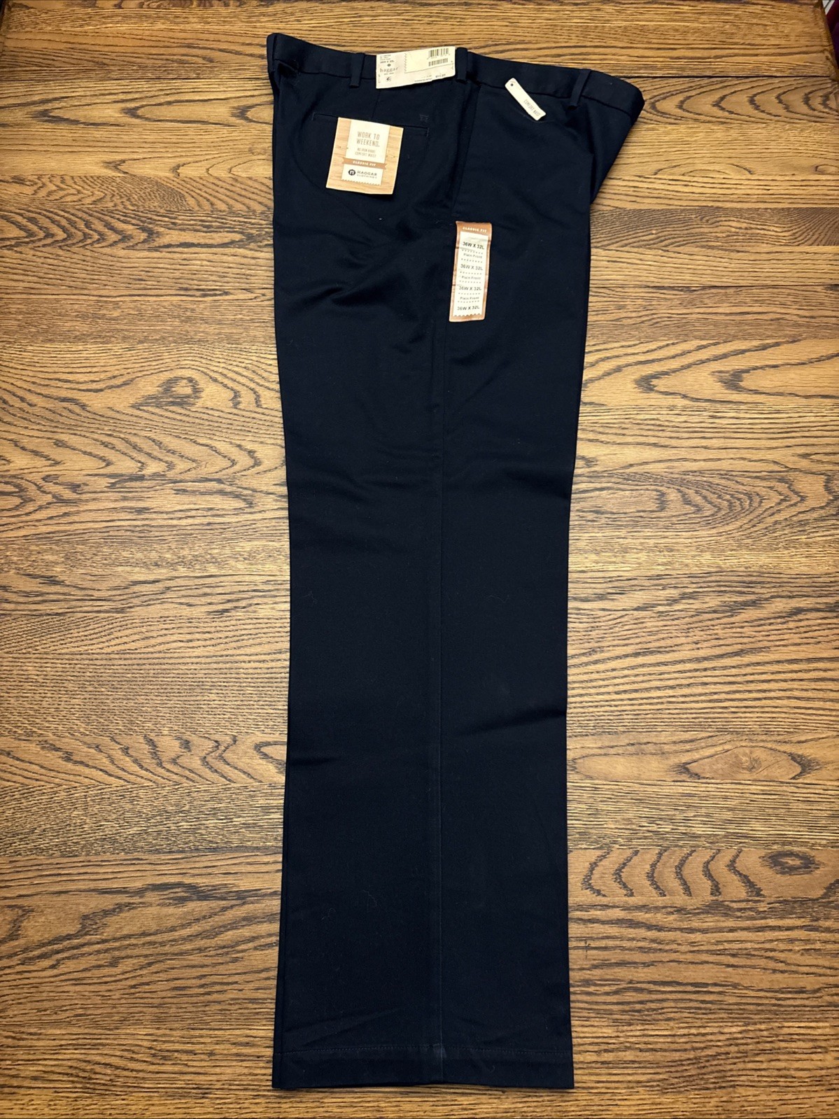 S Khaki Dress Pants Classic Fit Plain Front 36x32 Navy