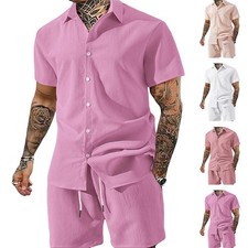 Men's 2 Piece Summer Outfit Textured Short Sleeve Shirt Drawstring Shorts Set