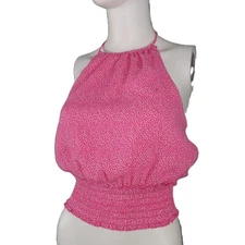 Sienna Sky Women's Smocked Waist Blouson Top Size Small Pink White Halter Neck