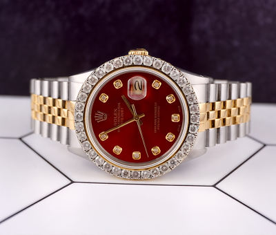 Rolex Datejust 36mm YG/Steel 2.25ct Diamonds Red Dial Hidden Clasp