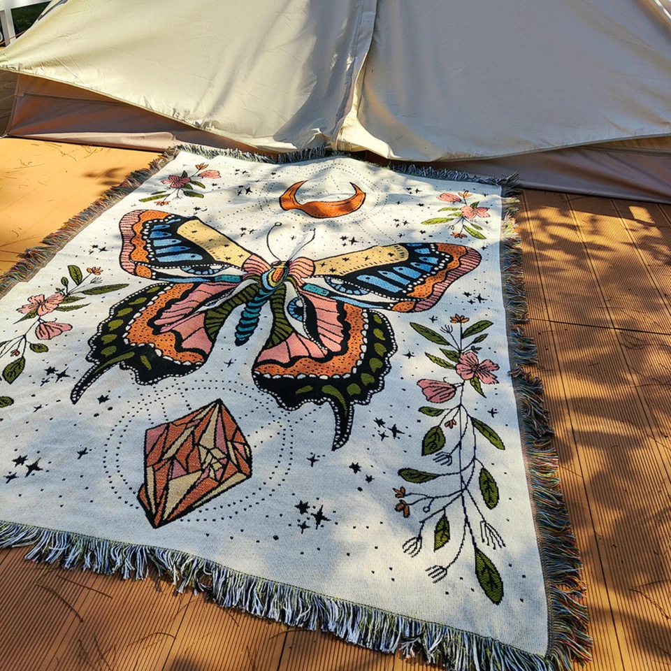 Boho Butterfly Blanket Celestial Moon Cotton Throw Tapestry Home Decor 130x160cm - Image 4 of 4
