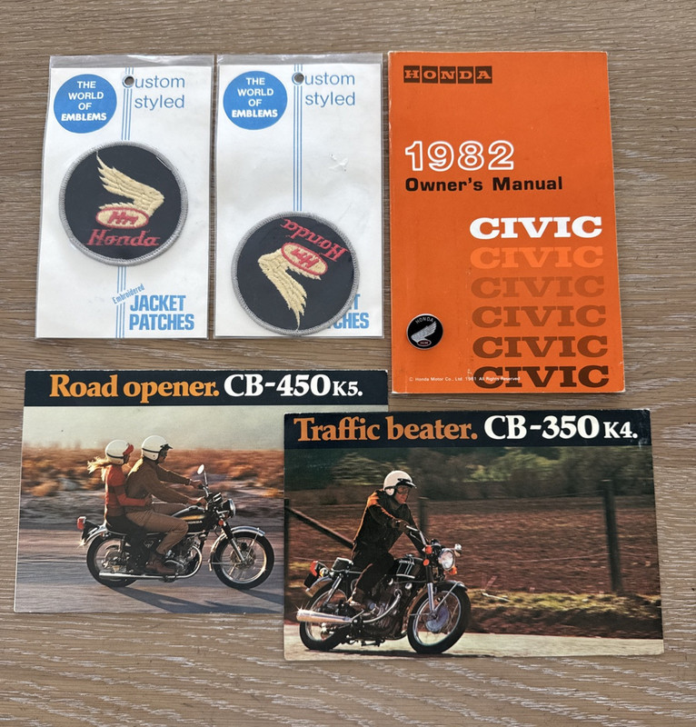 Honda HM Motorcycle Patches Pins Brochures & 1982 Honda Civic Owners Manual