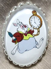 XL CAMEO BUTTON - ALICE IN WONDERLAND'S WHITE RABBIT W STOPWATCH - 1-1/2