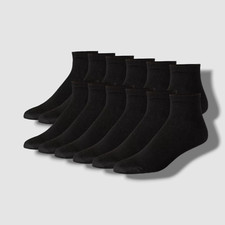 Hanes Men's 12-Pair Pack Black Cushion Quarter Cotton Ankle Socks Shoe 6-12