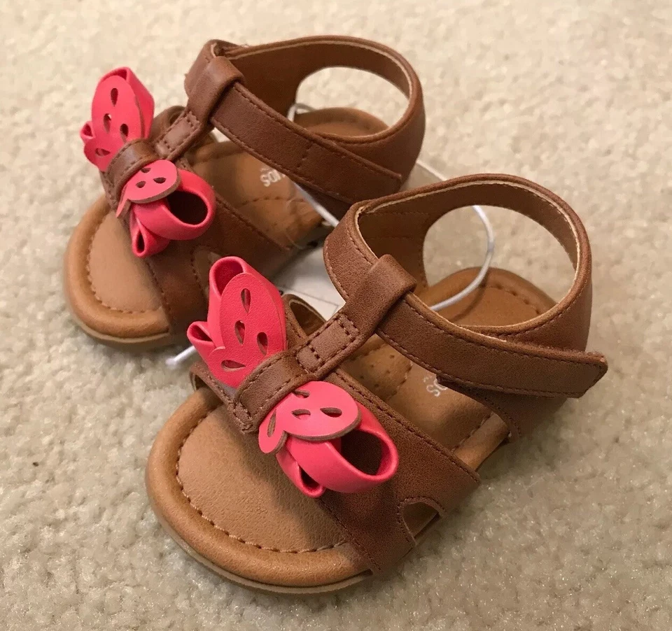 Новый с Ярлыками девочек Baby Oshkosh подлинный Kids коричневый/розовый бабочка регулируемые сандалии размер 2 - Изображение 3 из 4