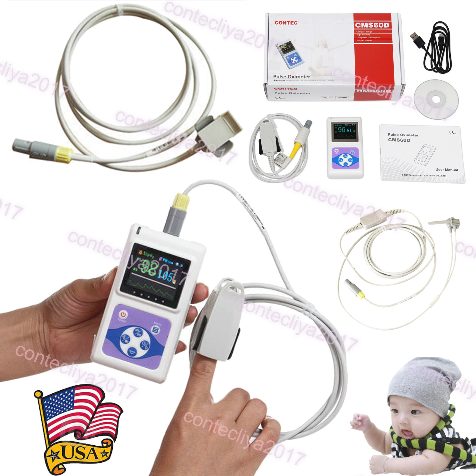 US Seller Handheld Pulse Oximeter Spo2 PR Monitor PC software CMS60D 3 Probe,FDA