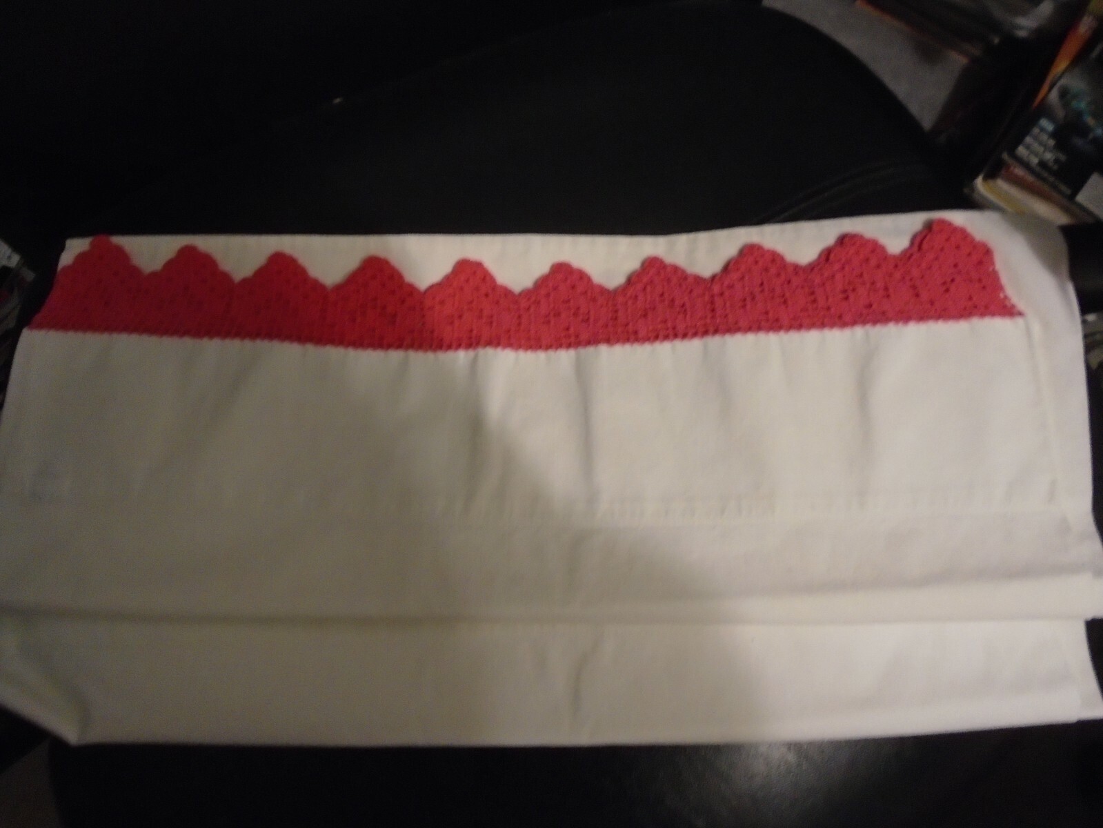 PAIR OF VINTAGE HAND CROCHETED HEARTS 21" X 32" WHITE WITH DARK PINK