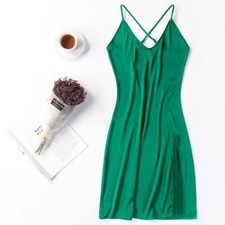 Women Satin Slips Dress Sleeveless Faux Silk Petticoat Strap V Neck Slit