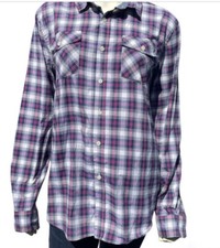 Recycled Blues men button down long sleeve plaid shirt in size large