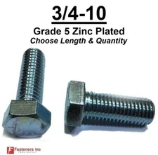 3/4-10 Hex Bolt Zinc Plated Grade 5 Cap Screw Coarse Thread (All Lengths & Qtys)