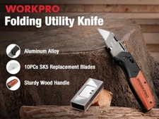 Folding Utility Knife Razor Blade Knife w/Axis Lock W/10PC SK5 BladesWood Handle