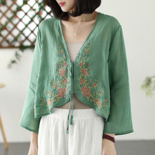 Camisa étnica para dama bordada floral corbata abierta manga 3/4 blusa china Hanfu Top