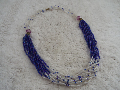 Blue & White Micro Glass Bead Multi Strand Necklace (D28)