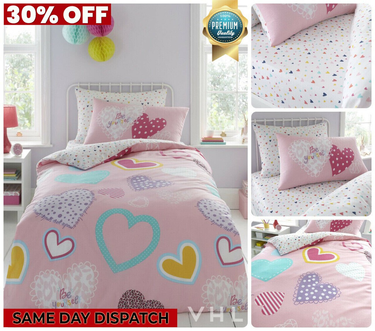 Kids Children Pink Bedding Hearts Duvet Cover Fitted Sheet Toddler Girls  Boys UK