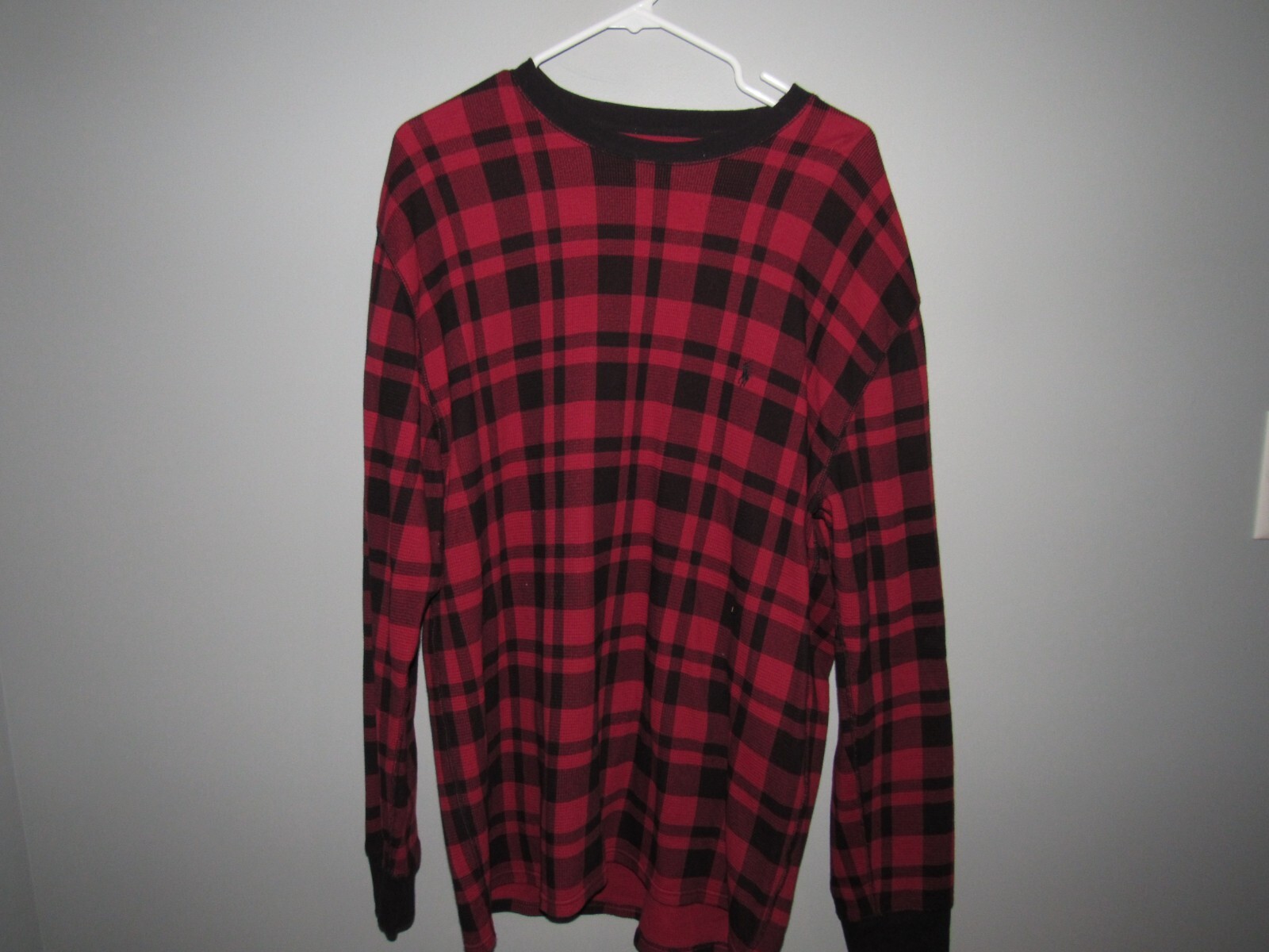 RALPH LAUREN POLO Uomo XL Pullover Waffle Weave Camicia Rosso Nero Plaid Pony L S