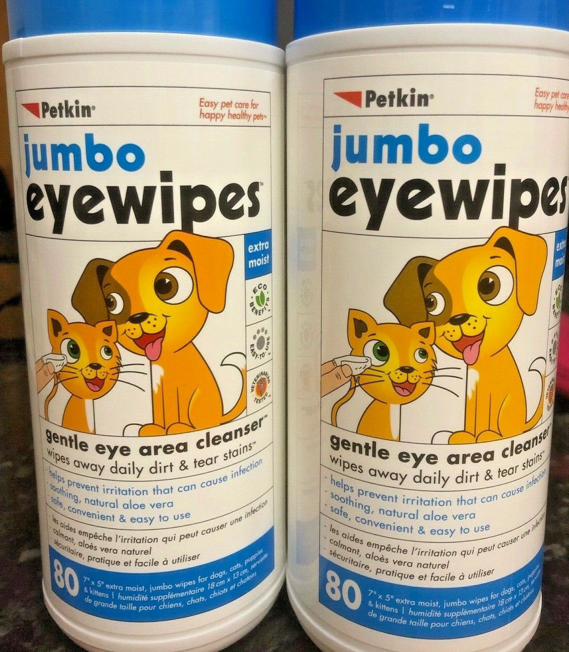 x160 PETKIN JUMBO EYE WIPES : Hygiene 7"" x 5"" Cleaning Balm bp Dog Cat Pet Wash