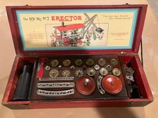 1932 #7 A.C. Gilbert Erector Set, Red Wood Box, Inv & Organized, 95% Complete