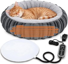 Heated Cat Bed for Indoor Cats - 20" Machine Washable Heated Pet Bed, Gray