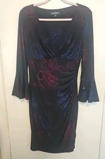 Ralph Lauren Dress Womens 8 Navy-Multi Elsietta V-Neck Stretch Jersey Sheath