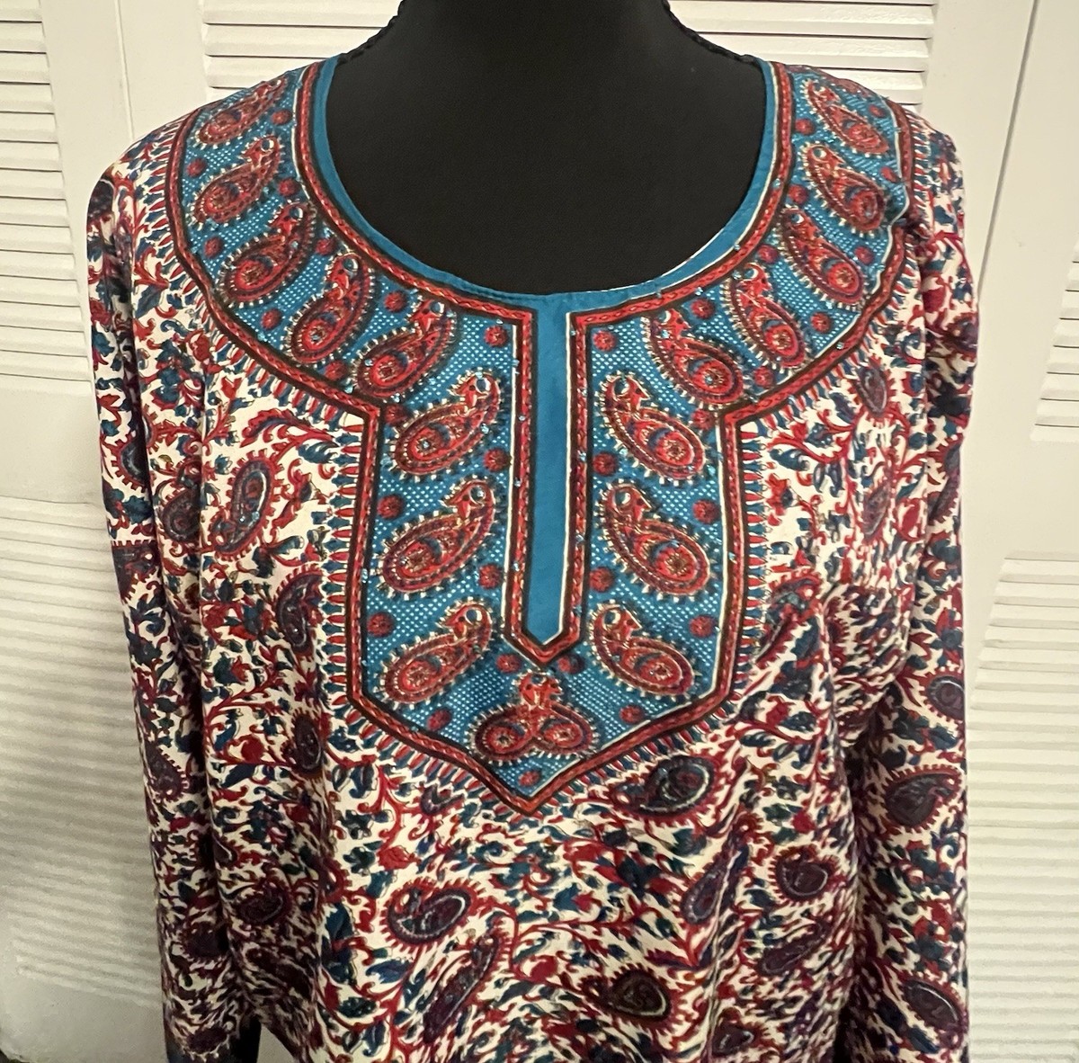 Women’s Multicolor Viscose Kurta Tunic Paisley Print Long Sleeve One Size View 4