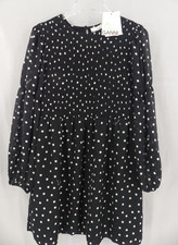 Ganni Dress 4 Mini Hampden Smocked Crepe Lined 36 Polka Dot Black White NEW