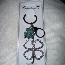 Four-Leaf Clover Bag Charm Keychain Purple Aqua Rhinestones Faux Pearl