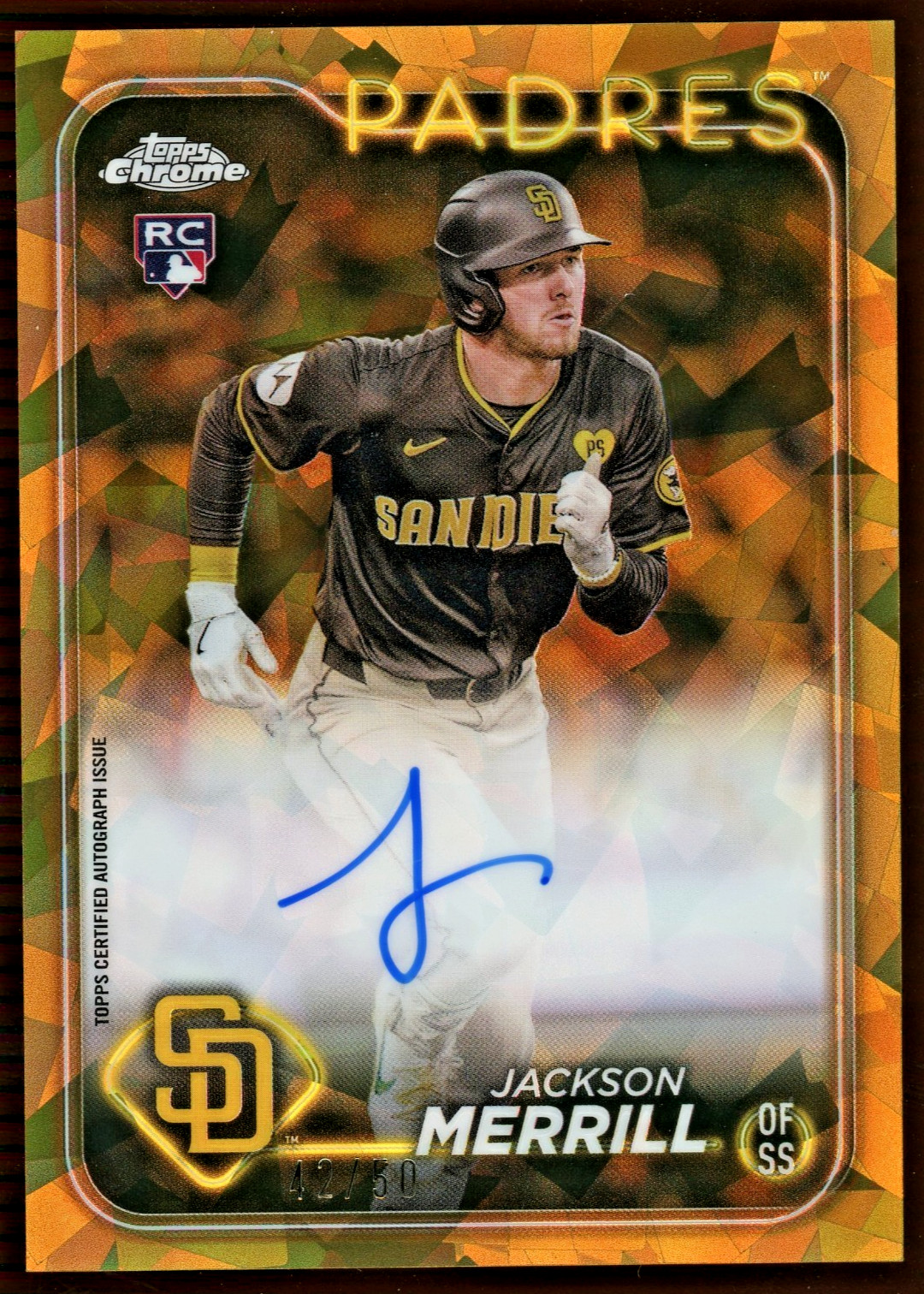 2024 Topps Chrome Sapphire Jackson Merrill RC Rookie /50 Gold Refractor Auto