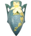 Antique  ROSEVILLE Pottery CLEMATIS WALLPOCKET VASE #1295- 8,1944  Green  & Blue