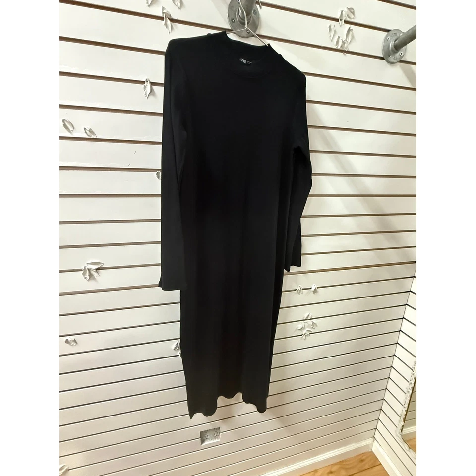 Zara Ruched High Neck Ribbed Long Sleeves Midi Dress Black Size Medium - Image 2 of 4