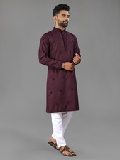 Men's Wine Embroidered Kurta Indian Ethnic Wedding Party Designer Kurta Wear