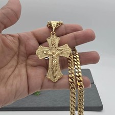 Collar Crucifijo Grande Ornamentado, Cadena Cubana 7mm, 14k Pesado Chapado, Unisex