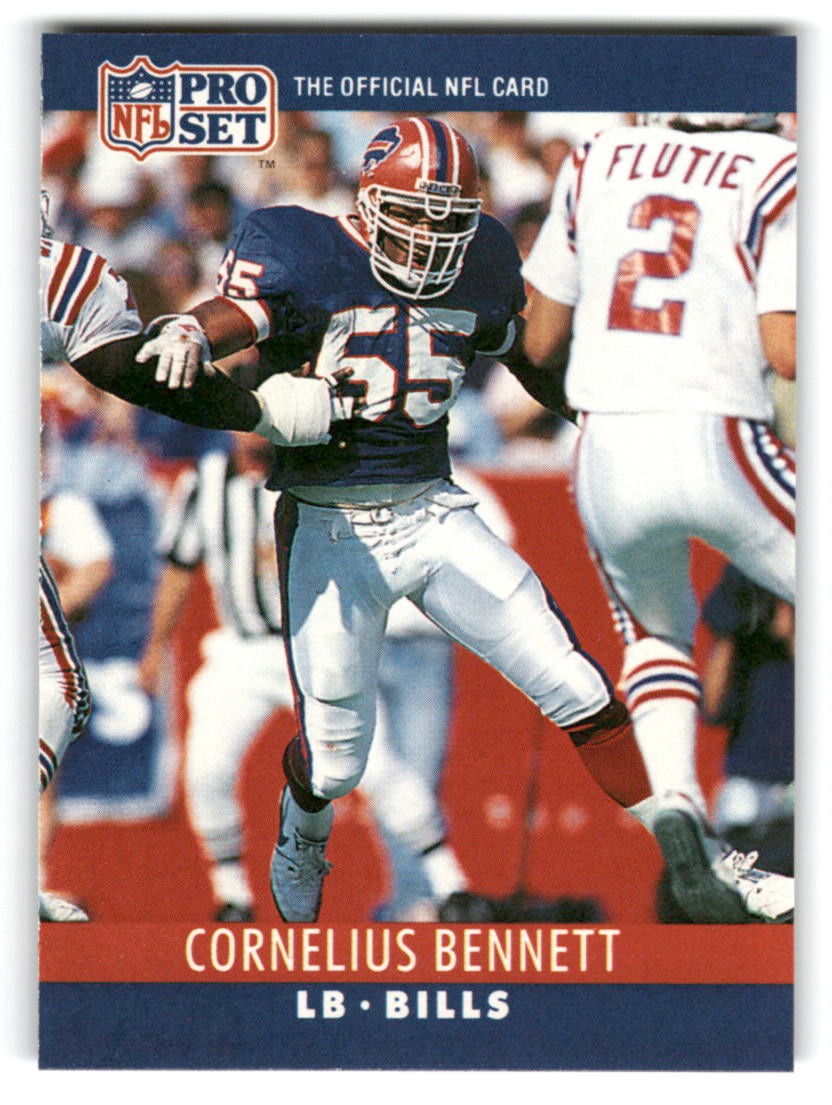 1990 Pro Set #39b Cornelius Bennett TCKL SACKS REC NO YDS TD in red print